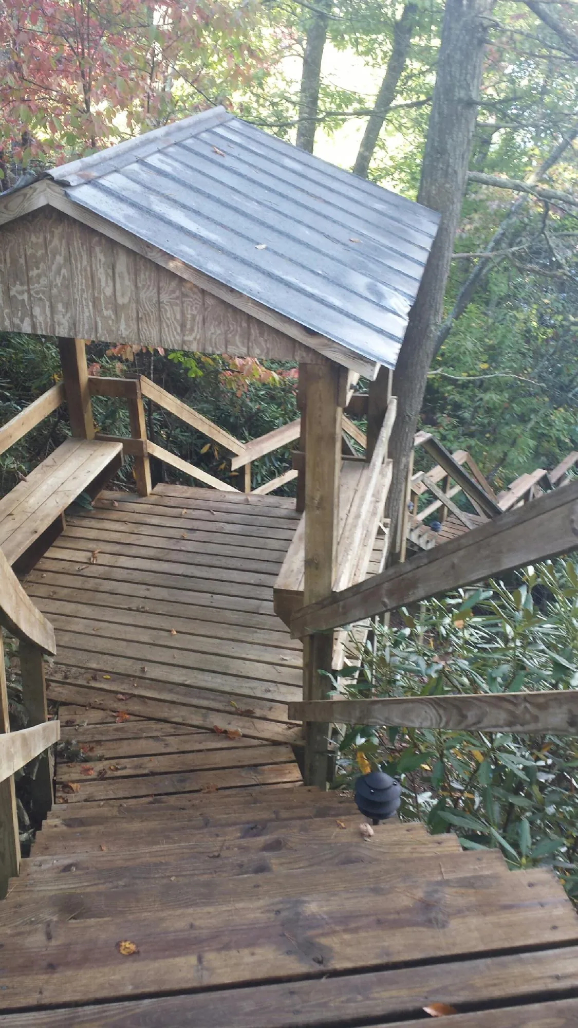 Metal roofed shelter over wooden steps on a wooded walkway — Skylight Repair & Installation work by our crew in Lafferty